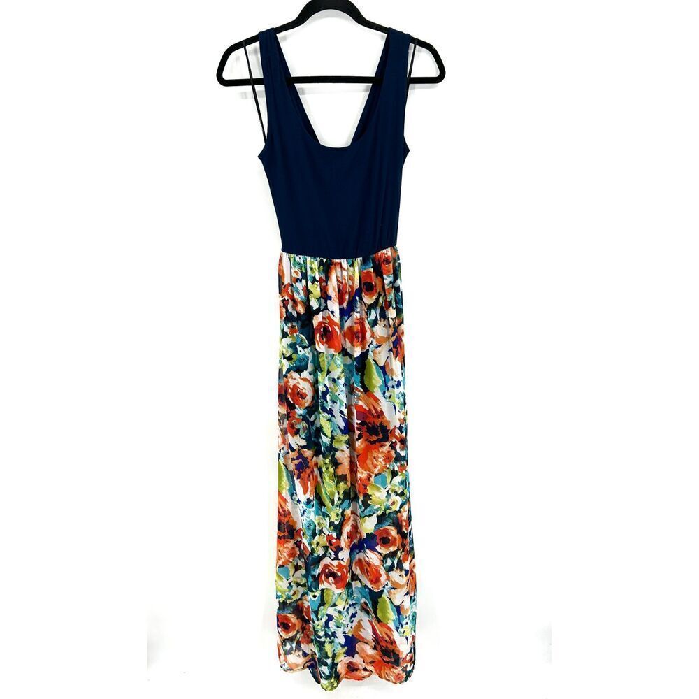LE LIS Navy Blue Colorful Floral Print Cross Back Summer Maxi Dress Size Medium